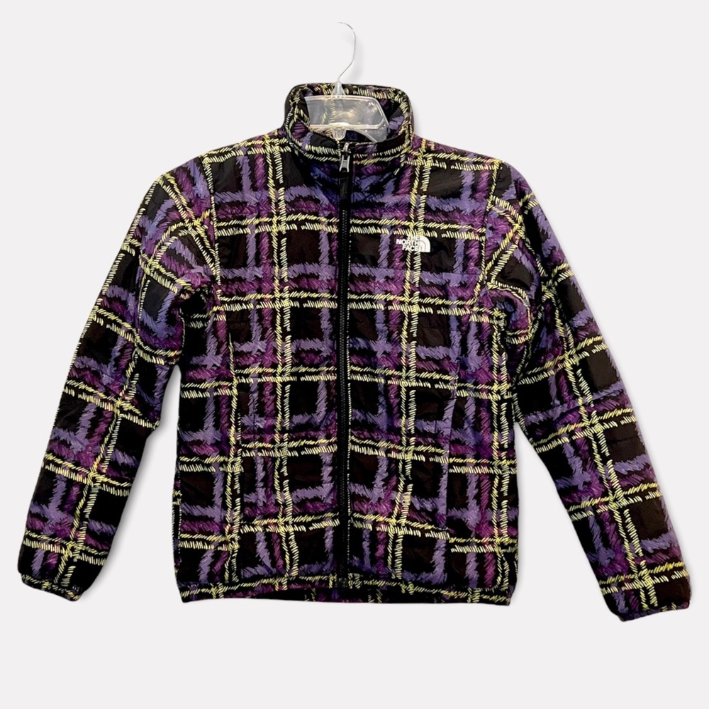 The North Face Puffer Winter Coat Black Purple Yellow Plaid Sz S